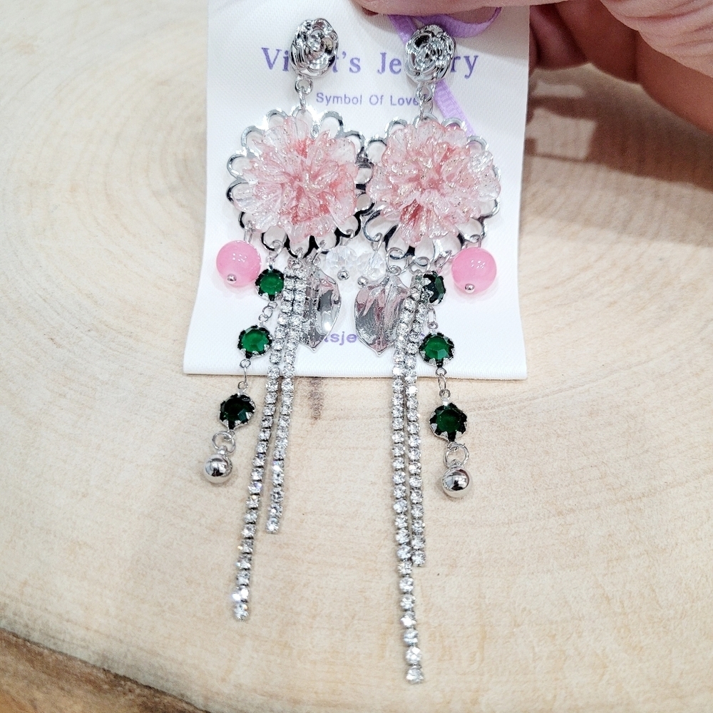 Brand New Silver Tone Pink Flower Green Stone Rhinestone Dangle Earrings